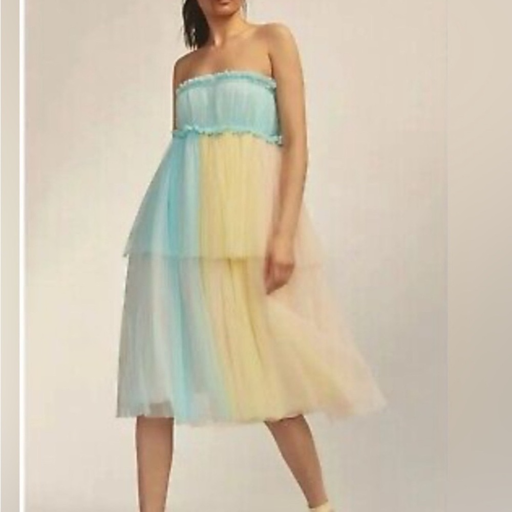 Anthropologie Multicolor Light Blue Peach & Yellow Pastel  Tulle Ruffle Dress